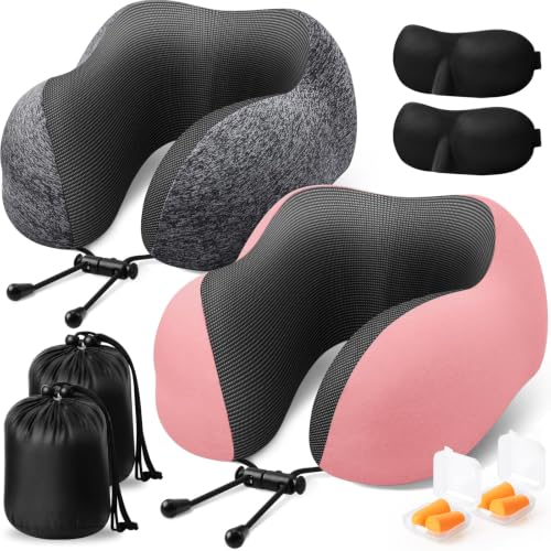 ExploreBliss Travel Pillow, 2 Pack Travel Pillows for Sleeping Airplane, Neck Pillow Airplane, Memory Foam Neck Pillow Set with Eye Mask, Earplugs and Storage Bag -Grey & Pink - color: Grey & Pink
