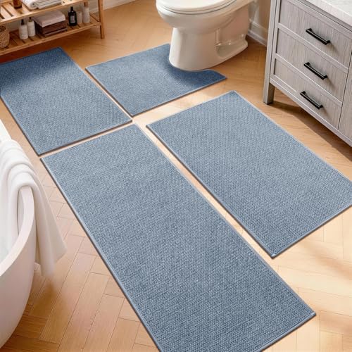 YIHOUSE Navy Blue Bathroom Rugs Sets 4 Piece, Quick Dry Thin Bath Mat with Toilet Rug, Non Slip Absorbent Machine Washable, Bath Runner Rugs for Bathtub Sink Home Decor - color: Navy Blue, size: 4 pieces