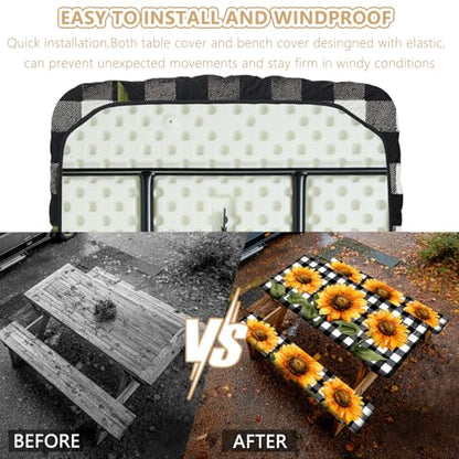 Picnic Table Cover with Bench Covers Elastic Edges, Outdoor Patio Camping Essentials 72 Inch 3PCS, Waterproof Camping Fitted Tablecloth with Handbags (Sunflower buffalo plaid) - color: Black checkered sunflowers, size: 72" x 30" (Rectangular)