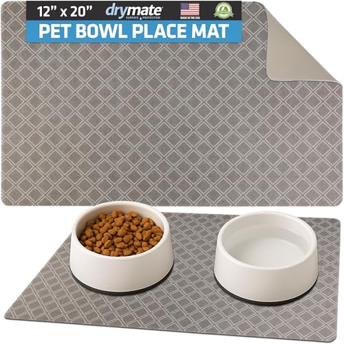 Drymate Pet Bowl Placemat, Dog & Cat Food Feeding Mats, 12x20, Taupe | Absorbent Fabric, Waterproof Backing, Slip-Resistant, Machine Washable, Contains Spills & Mess, Protects Floors, USA Made - color: Taupe Diamond Squares, size: 20"L x 12"W