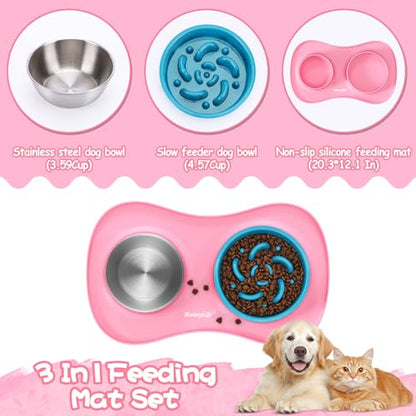 MateeyLife Dog Food and Water Bowl Set 3 in 1, Slow Feeder Dog Bowls & Stainless Steel Water Bowl with Non-Spill Silicone Mat, Cat and Puppy Bowls Pet Dishes for Small Medium Large Breed Anti-Choking - color: Pink, size: Large