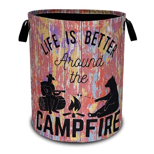 Life Is Better Around The Campfire Laundry Basket Oxford Cloth Funny Laundry Hamper With Handle Foldable Portable Clothes Storage Basket 18.9 X 16.5 Inch Storage Bag For Laundry Room/Bathroom/Bedroom - color: Campfire