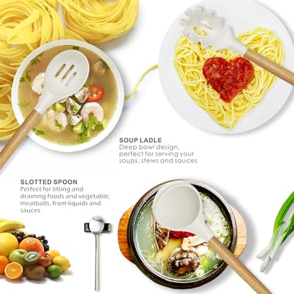 oannao Silicone Cooking Utensils Set - 446°F Heat Resistant Silicone Kitchen Utensils for Cooking,Kitchen Utensil Spatula Set w Wooden Handles and Holder for Non-Stick Cookware (Cream White) - color: Cream White