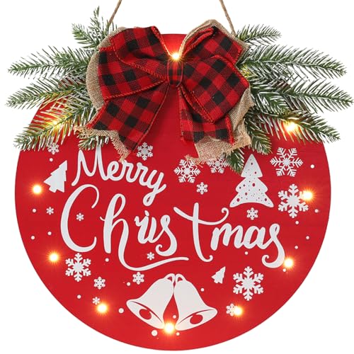 HOMCDALY Merry Christmas Welcome Sign for Front Door, Red X-mas Sign with Light, Holiday Door Decoration Wooden Hanging Sign, Christmas Decoration, Wall Art, Wall Decor(Red) - color: Red