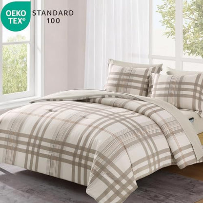 MaiRêve Full Size Comforter Set Brown Grey, Classic Plaid Farmhouse Bedding Sets 7 Pieces, All Season Lightweight Bed in a Bag with Sheets, Pillowcases & Shams - color: Brown Grey, size: Full