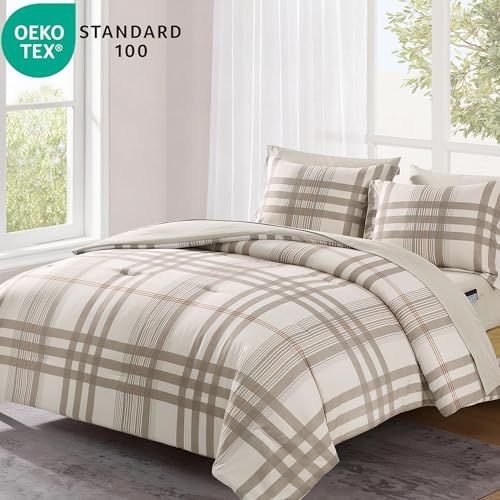 MaiRêve Queen Comforter Set Brown Grey, Classic Plaid Farmhouse Bedding Sets 7 Pieces, All Season Lightweight Bed in a Bag with Sheets, Pillowcases & Shams - color: Brown Grey, size: Queen