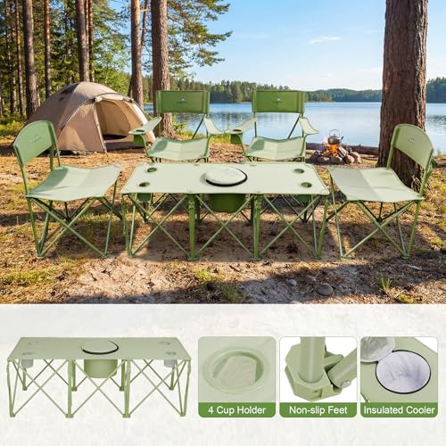 Camping Chair Set of 3, Outdoor Folding Camping Chairs for Heavy People with Cup Holder & Carry Bag,Collapsible Chair Include One Sofa Chair and Two Single Chair,Support up to 500lbs - color: Light Green-5pcs