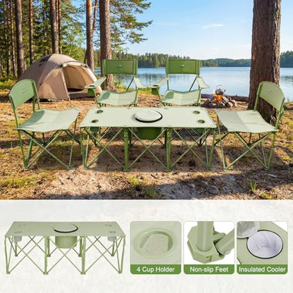 Camping Chair Set of 3, Outdoor Folding Camping Chairs for Heavy People with Cup Holder & Carry Bag,Collapsible Chair Include One Sofa Chair and Two Single Chair,Support up to 500lbs - color: Light Green-5pcs