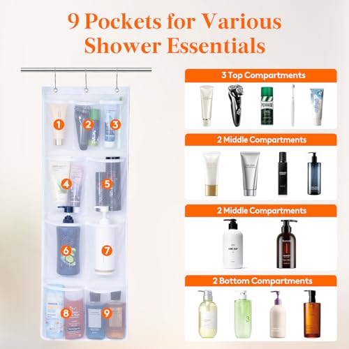 Lifewit Cruise Essentials Shower Caddy Must-Have, 9 Pockets Hanging Bathroom Organizer with Quick-Dry Mesh, Portable Shower Bag to Storage Soap, Shampoo, for RVing, Travel, Camping, White, 2 Packs - size: 14" x 34"