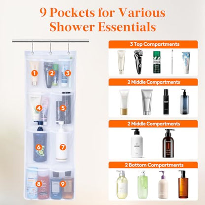 Lifewit Cruise Essentials Shower Caddy Must-Have, 9 Pockets Hanging Bathroom Organizer with Quick-Dry Mesh, Portable Shower Bag to Storage Soap, Shampoo, for RVing, Travel, Camping, White, 2 Packs - size: 14" x 34"