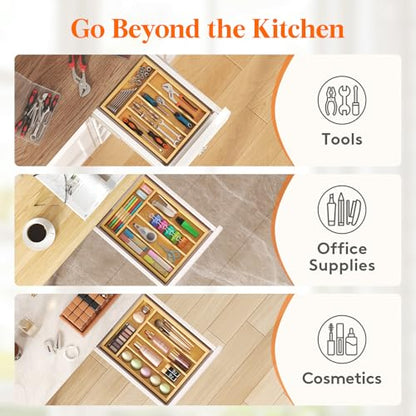 Lifewit Silverware Drawer Organizer, Utensil Tray for Kitchen, Flatware and Cutlery Holder, Storage for Spoons Forks Knives, 9.9 x 12.8", Natural - size: 9.9''W x 12.8''D