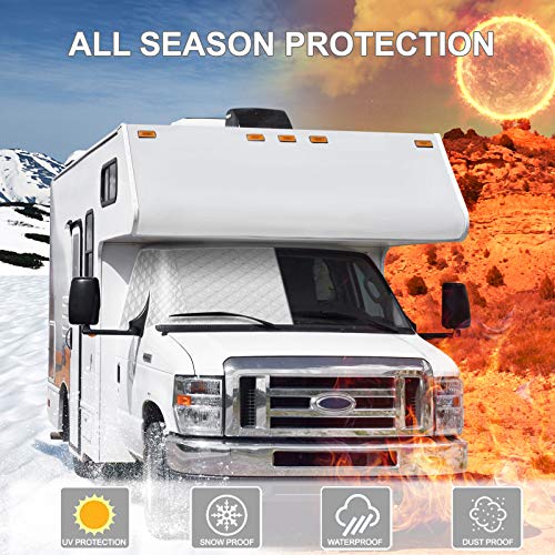 RV Windshield Cover Compatible with Class C Ford E450 1997-2025 Motorhome,Windshield Cover for Ice and Snow RV Front Window Sunshade Cover UV Block 4 Layers with Mirror Cutouts,Silver