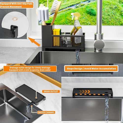 Rustproof Kitchen Sink Organizer for Countertop,Multifunctional Sink Organizer Caddy & Organization,Scrub Brush and Sponge Holder,Plastic Sink Storage Rack,Sponge Drain Rack,Dish Soap Dispenser,Black - style: Countertop