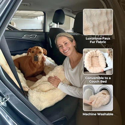 Pelsbarn Luxurious Cozy Car Bed - M/L Luxury Travel Dog Bed with Safety Belt - Ultra Soft Faux Fur - Beige - color: Beige, size: Medium-Large