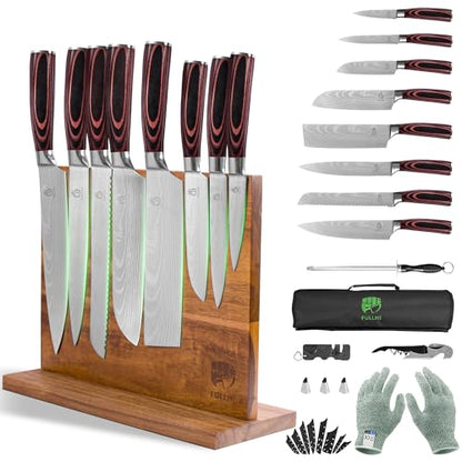 FULLHI 15pcs Japanese Knife Set with Magnetic Knife Block Holder, Japan Stainless Steel Blades, Ergonomic Handles for Professional and Home Cooking（Coffee wood, Magnetic Block Knife Set) - color: Coffee wood, size: Magnetic Block Knife set