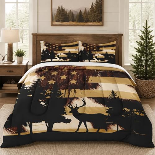 WeCozy Full Size Comforter Set with 2 Pillowcases, Deer Animal Tree 3 Pcs Bedding for Kids and Adults, Retro American Flag Soft Comforter Set for Bedroom Bed Decor - color: Deer Animal, size: Full