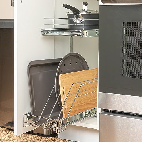 Household Essentials Glidez Multipurpose Chrome-Plated Steel Pull-Out/Slide-Out Dual-Sliding Storage Organizer for Cookware and Bakeware - 2-Tier Design - Fits Standard Size Cabinet or Shelf, Chrome - size: 9" - Extended, style: Dual Slide