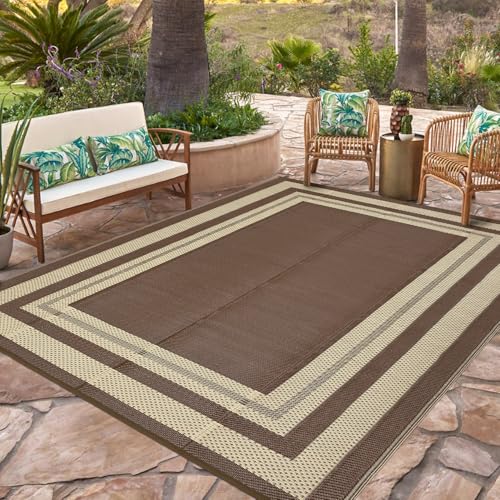 GarveeHome Outdoor Rug 9x12 Waterproof Patio Rug Reversible Plastic Straw Rugs Camping Mat Modern Geometric Portable Foldable Large Rugs for RV Porch Balcony Picnic Beach Backyard Coffee/Beige Panel - color: Coffee/Beige Panel, size: 9' x 12' (Rectangular