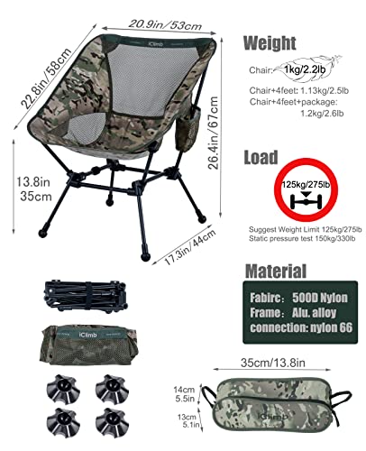 iClimb Ultralight Compact Camping Folding Beach Chair with Anti-Sinking Large Feet and Back Support Webbing (Woodland - Square Frame - 2PC) - color: Woodland (Square Frame)