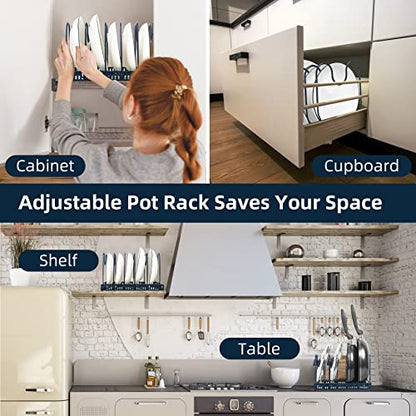 ROOHUA Expandable Pot and Pan Organizer - Cabinet Pot Lid Holder with 10 Adjustable Compartments for Cookware, Baking, Frying (Dark Blue, 10) - color: Dark Blue