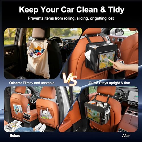 Car Organizer Bag for Back Seat Front Seat or Between Seats Premium PU Leather Hanging Storage Caddy with Tablet Holder Tissue Box Cup Bottle Holders Mesh Pockets for Kids Adults