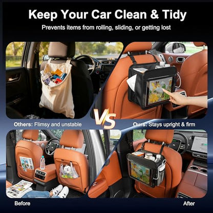 Car Organizer Bag for Back Seat Front Seat or Between Seats Premium PU Leather Hanging Storage Caddy with Tablet Holder Tissue Box Cup Bottle Holders Mesh Pockets for Kids Adults