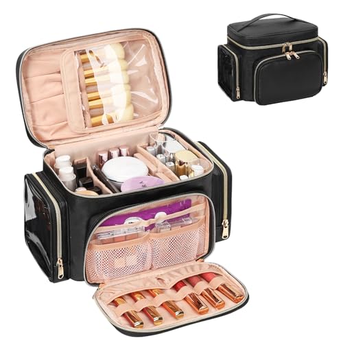 Bagmoly Large Makeup Bag, Portable Travel Makeup Bag Organizer for Women Girls with Makeup Brush Compartment & Two Side Pockets, Cosmetic Travel Bag Vertical Storage Toiletry Bag - Black - color: 01-Black, size: Medium