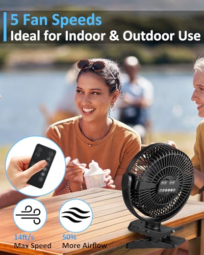 Clip On Fan 8 Inch, 12000mah Rechargeable Battery Powered Portable Fans With Remote Control, Lights, 5 Speeds, Timer, Strong Clamp USB Clip Fan for Bed, Stroller, Desk, Golf Cart, Tent, Treadmill - size: 8 Inch