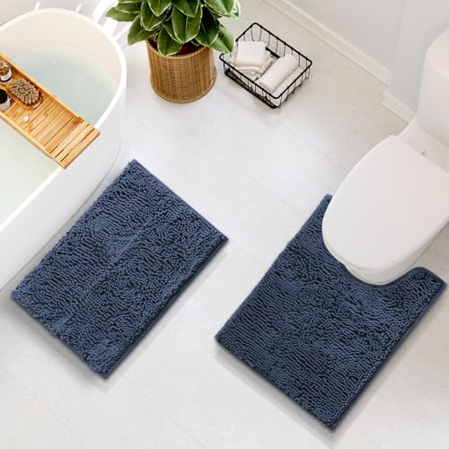 Hearth & Harbor Bathroom Rugs, Chenille Bath Mat - Machine Washable Bath Mats for Bathroom Non-Slip Backing Rubber, Quick Dry Bathroom Mat - Navy Blue 17x24-20x24 - color: Navy Blue, style: 17 x 24 + 20 x 24