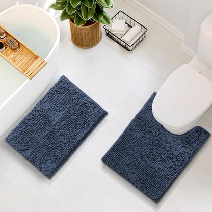 Hearth & Harbor Bathroom Rugs, Chenille Bath Mat - Machine Washable Bath Mats for Bathroom Non-Slip Backing Rubber, Quick Dry Bathroom Mat - Navy Blue 17x24-20x24 - color: Navy Blue, style: 17 x 24 + 20 x 24