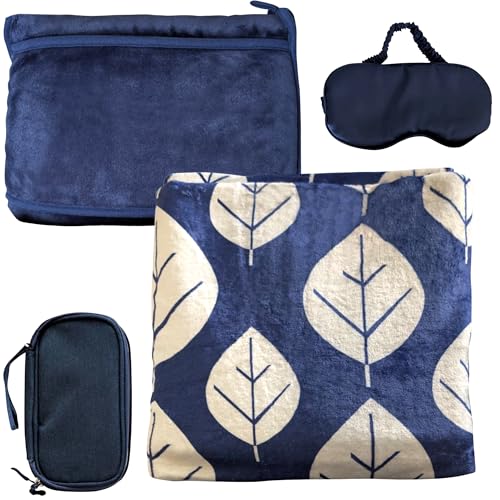 3 Piece Travel Blanket Set with Eye Mask & Cable Organizer , Ultra Soft Flannel Airplane Blanket with Carry Bag , Lightweight, Warm & Compact for Travel, Car, Sofa & Bed , Ideal for Adults & Kids