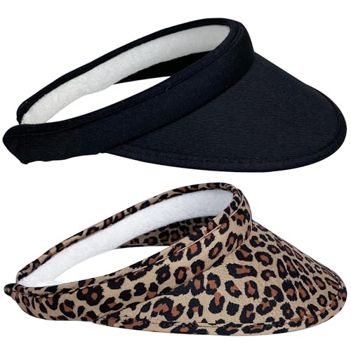2 Pack Sun Visor Hats Women Men Clip On Wide Brim Visors Hat Outdoor Sports Golf Beach Travel Tennis Caps - color: Black+leopard