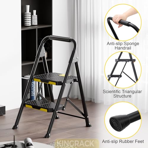 KINGRACK 2 Step Ladder, Sturdy Steel Step Stool with Safe-Lock Design, Handrail, Anti-Slip Wide Pedals, Pass 800lbs Load Testing, Folding Portable Ladder for Multi-Purpose, Home, Kitchen, Black - size: 2-Step