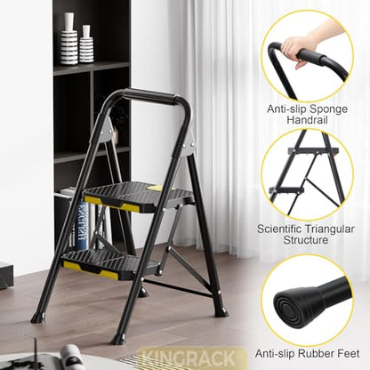KINGRACK 2 Step Ladder, Sturdy Steel Step Stool with Safe-Lock Design, Handrail, Anti-Slip Wide Pedals, Pass 800lbs Load Testing, Folding Portable Ladder for Multi-Purpose, Home, Kitchen, Black - size: 2-Step