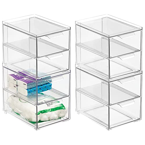 mDesign Stackable Storage Containers Box with 2 Pull-Out Drawers - Stacking Plastic Drawer Bins for Master or Guest Bathroom, Linen Closet, Vanity, Makeup Table Lumiere Collection 4 Pack, Clear - size: 8 x 6 x 7(Pack of 4)