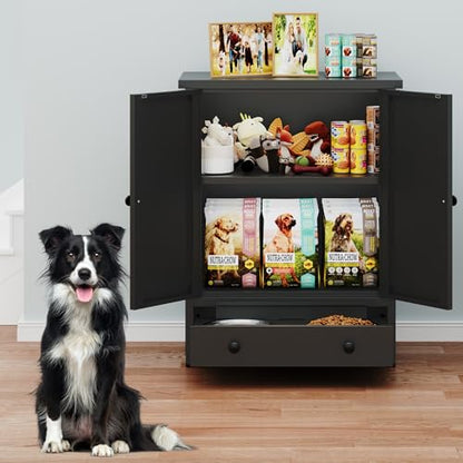 Dog Feeding Station with Storage, Metal Dog Food Storage Cabinet with 2 Elevated Bowls and 3 Hooks, Pet Feeding Station and Food Storage Organizer, Black - size: Metal Black