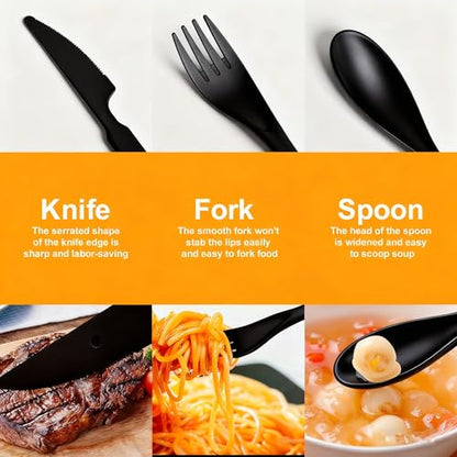 Travel Utensils with Case, Camping Utensil Sets, Wheat Straw Portable Knife Fork Spoons Tableware, Reusable Utensils for Lunch Box (Black) - color: Black