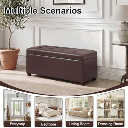 Asense Storage Ottoman Bench,Faux Leather Upholstered Ottoman with Storage,End of Bed Bench with Safety Hinge Wooden Legs,for Entryway,Bedroom,Living Room - color: 37" Dark Chocolate Faux Leather