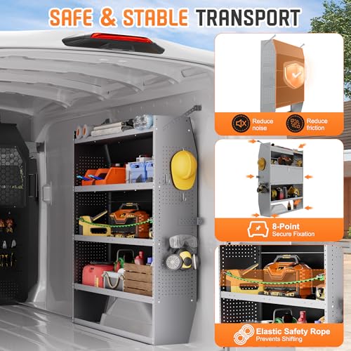 Cargo Van Shelving with Lockable Door Kits,Fit Transit, Nv, Promaster,Sprinter Mid/High Roof,Adjustable Heavy-Duty Steel Van Shelving Storage System W/Hooks & Ropes,52" W X 60" H X 13" D