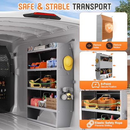 Cargo Van Shelving with Lockable Door Kits,Fit Transit, Nv, Promaster,Sprinter Mid/High Roof,Adjustable Heavy-Duty Steel Van Shelving Storage System W/Hooks & Ropes,52" W X 60" H X 13" D
