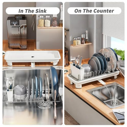 SanDream Small Dish Drying Rack with Removable Utensil Holder & Anti-Scratch Base - Stainless Steel Dish Rack, Dish Drying Rack with Drainage & Space Saving Design for Kitchen Counter, White - color: White