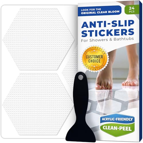Clear Bloom Anti-Slip Shower Stickers for Tub & Shower Floor — Original White Hex Non-Slip Bathtub Stickers, 24 Pack 3.25”, Micro-Pyramid Grip, Scraper Included, Easy Apply - color: White, size: Hexagon
