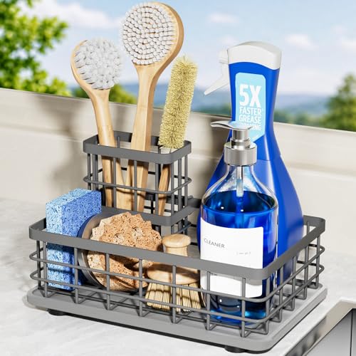Extra Large Kitchen Sink Caddy Organizer, Stainless Steel Sponge Holder for Kitchen Sink with Brush Holder, Diatomite Stone Sink Tray for Soap Dispenser, Sponge, Bathroom Countertop Organizer, Grey - color: Grey
