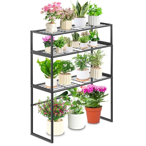 Metal Plant Stand Indoor Outdoor, 3 Tier Potted Multiple Flower Pot Holder Rack Plant Shelf, Heavy Duty Planter Display Shelving for Patio Balcony Garden Living Room Decorative (Black-3 Tier) - color: 3 Tier-Black-B