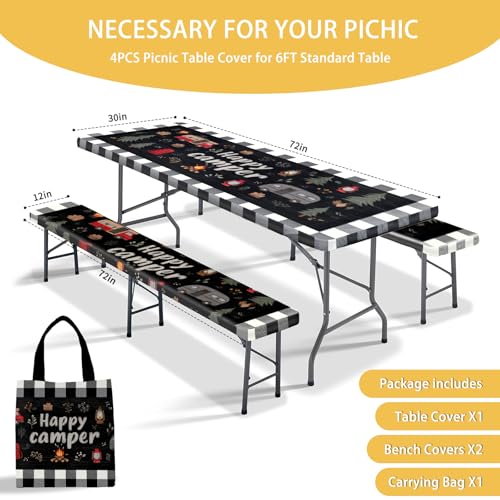 Picnic Table Cover with Bench Covers, Camping Essentials, Fitted Camping Tablecloth with Bag, Waterproof and oilproof with elastic Edge for Indoor Outdoor Patio, 72in (Happy Camper) - color: Happy Camper