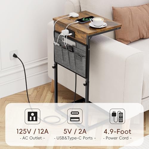 Vagusicc C-Shaped End Table Set of 2, Adjustable Height Side Table for Couch with Charging Station, Tall C Table Slide Under Sofa Table, TV Tray for Living Room, Bedroom, Bedside, Small Space, Brown - color: 2pc Rustic Brown