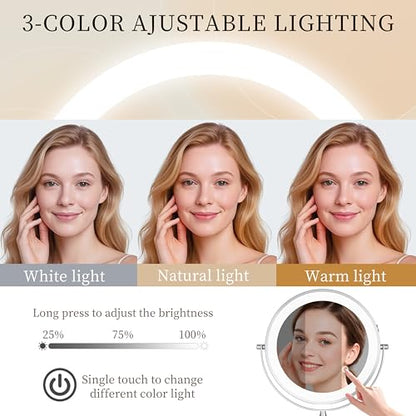 Rocollos Rechargeable Wall Mounted Lighted Makeup Mirror Chrome, 8 Inch Double-Sided LED Vanity Mirror 1X/10X Magnification,3 Color Lights Touch Screen Dimmable 360°Swivel 13 Inch Extendable - color: 8 Inch Chrome