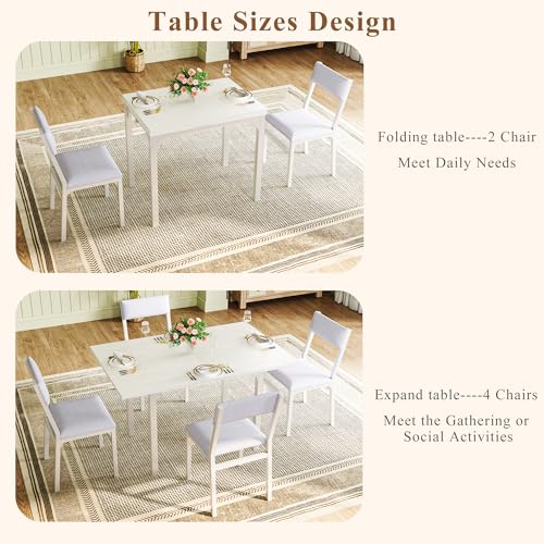 HUAHUU Dining Table Set for 4, Extendable Kitchen Table Cushion Chairs Set of 4, Rectangle Dining Table with Metal Frame & MDF Board, Folding for Small Apartment Saving Space, White - color: White