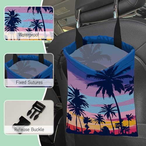 Palm Trees Car Garbage Bag,Sunset Waterproof Small Car Trash Bag Hanging Back of Seat,Drawstring Hanging Car Trash Bag with Adjustable Buckle for Car Accessories - color: Palm Trees