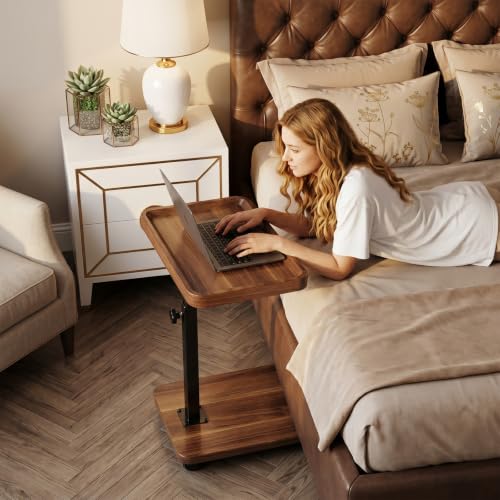 C Table End Table Adjustable Height, 360°Swivel TV Tray Table for Small Spaces, Side Tables with Wheels for Living Room and Bedroom, Bed (Walnut) - color: Walnut-height Adjustable